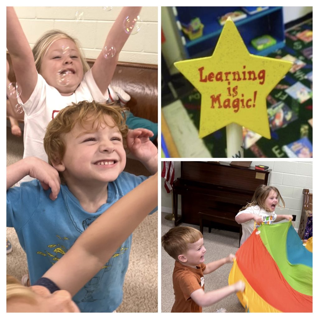 Collage of photos. Children play with bubbles. Children play with a parachute. A star with the text Learning is Magic!