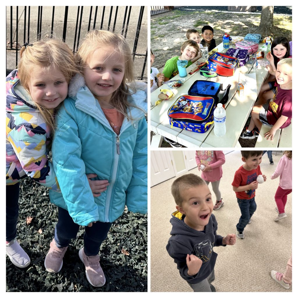 Collage of photos. Two children stand outside smiling in winter coats. A group of children eat lunch at a picnic table. Children appear excited playing with toy snowballs.
